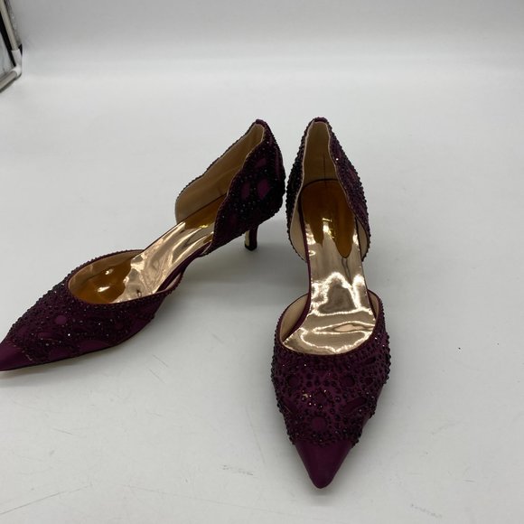XYD Dark Purple Pointed Toe Low Heel D'Orsay Rhinestone Pumps Bridal Shoes - Picture 3 of 9
